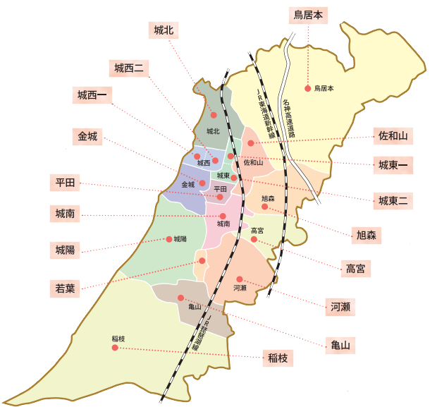 単位民児協のエリア毎に色分けされた彦根市の地図